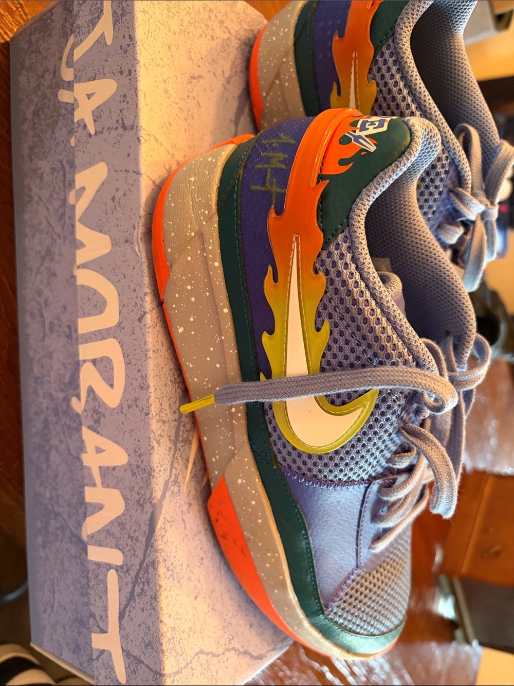 Nike Kids JA Morant’s. Purple & Multicolor Flame-Accent Sneakers
